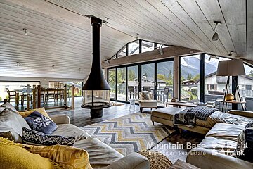 A living room with a fireplace and a sign that says mountain base