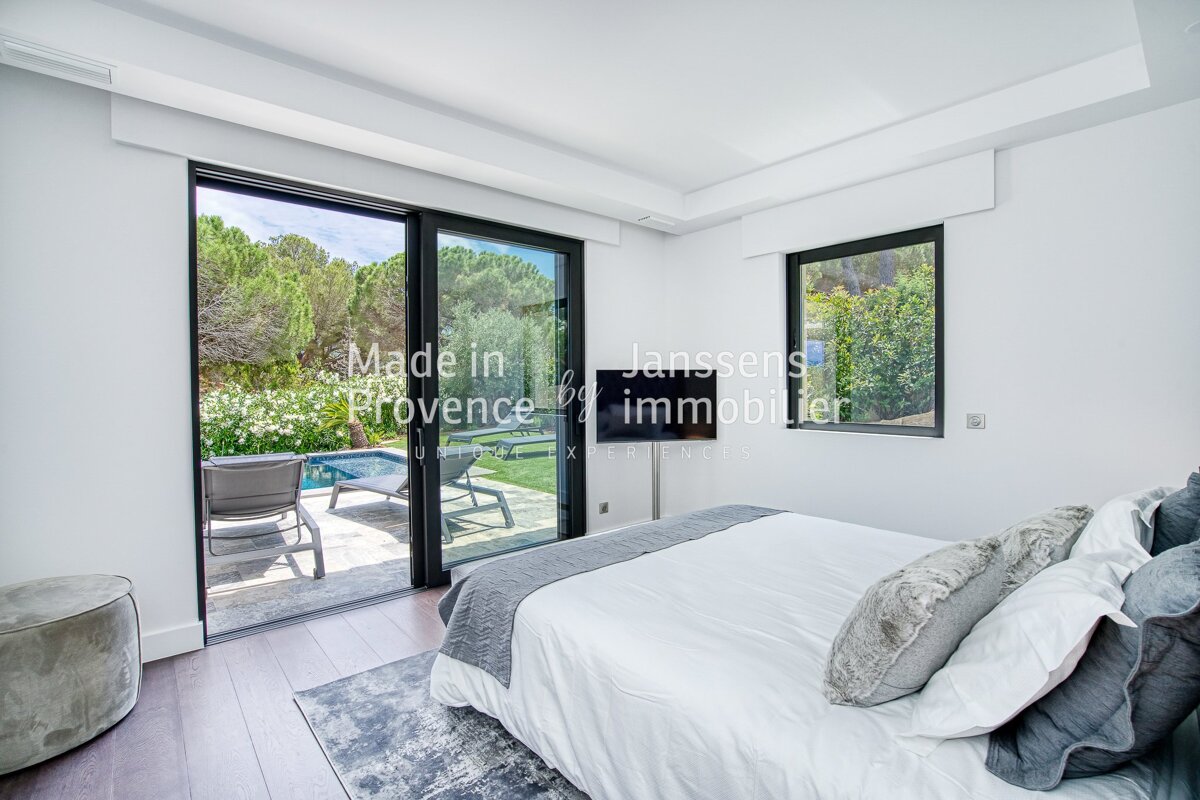 A bedroom with a sliding glass door that says made in provence