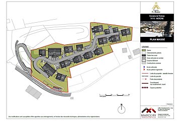 An architectural site plan of a residential development in Morzine, France, showing building layouts, roads, and a legend.