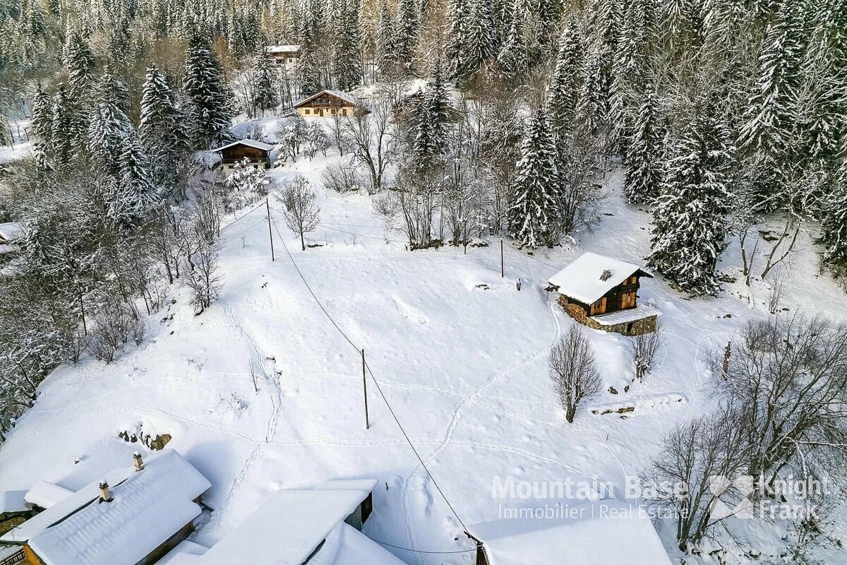Aerial view of a snowy mountain landscape featuring a dense pine forest, several rustic wooden chalets, and footprints across the fresh white snow.
