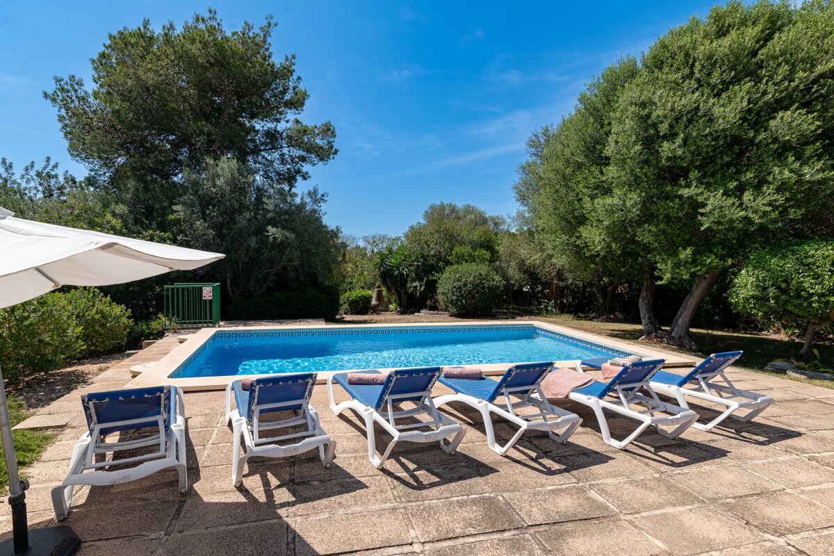 A row of lounge chairs are lined up in front of a swimming pool