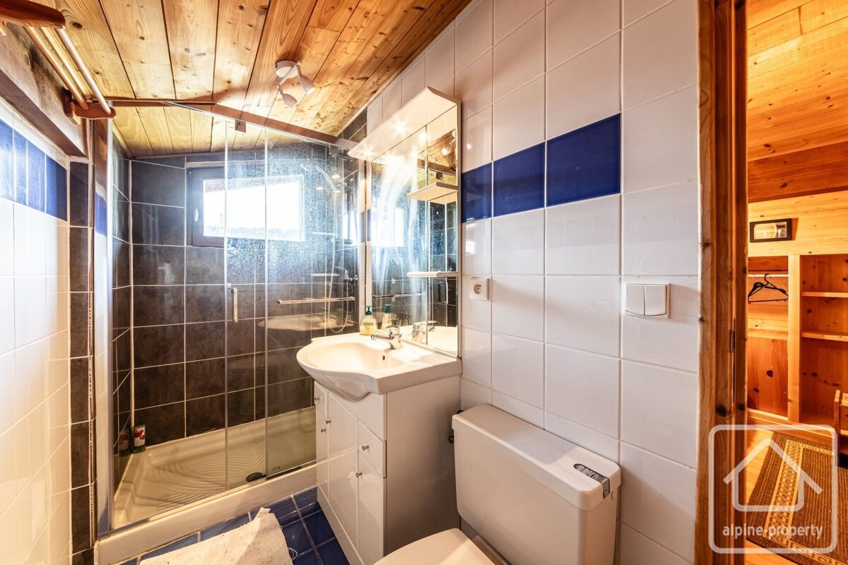 A compact bathroom features white and blue tiled walls, a wooden ceiling, a glass shower, a vanity sink, and a toilet. An open doorway reveals a wood-paneled room.