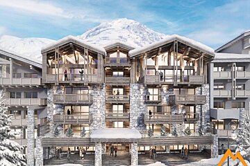 An artist 's impression of a building with a mountain in the background