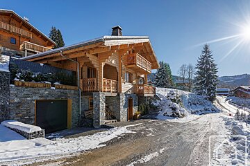 A snowy driveway leads to a large wooden house