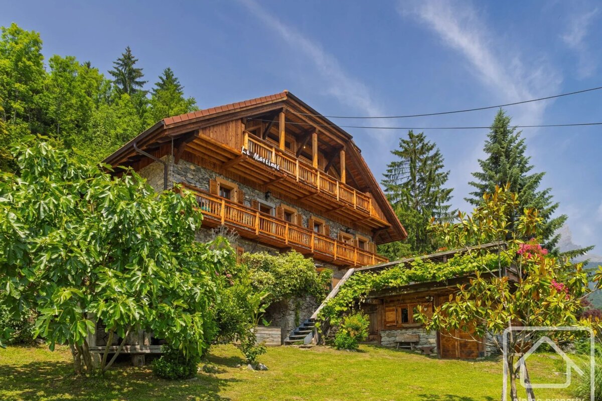 A beautiful alpine chalet with wooden balconies, surrounded by lush green trees and a lawn under a blue sky.