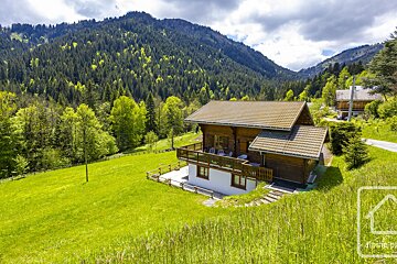 A house sits in the middle of a lush green field