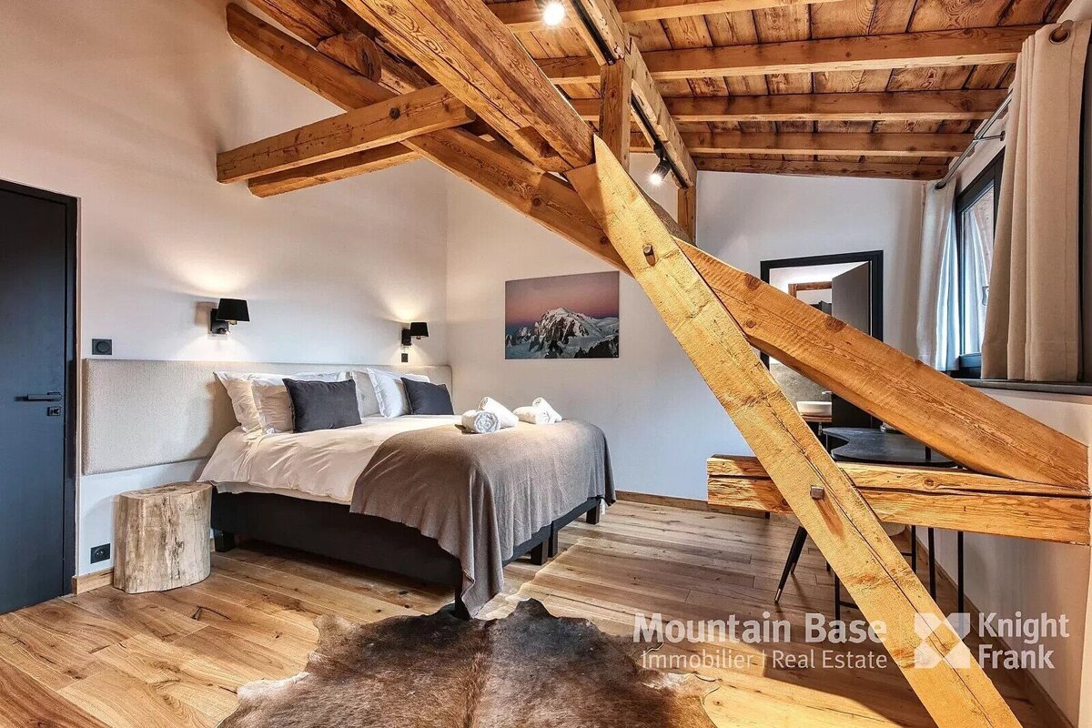 A cozy, modern rustic bedroom featuring exposed wooden beams, a comfy bed with grey bedding, wood floors, a faux fur rug, and mountain artwork.
