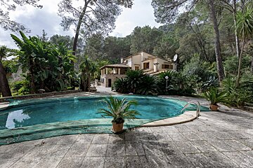 A large swimming pool with a house in the background