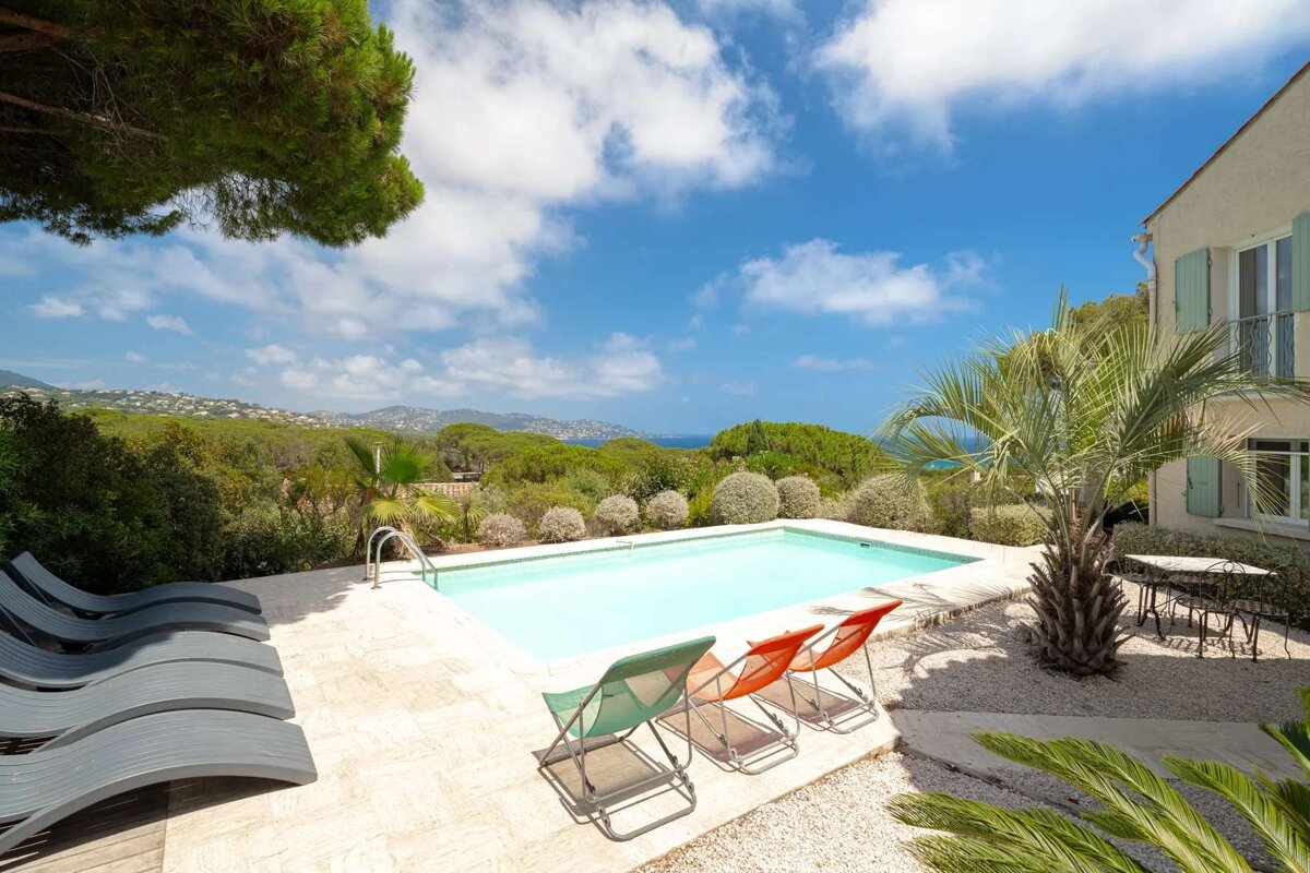 A swimming pool surrounded by chairs and a palm tree