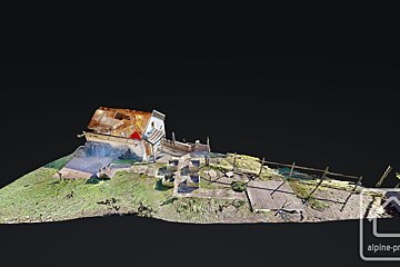 A 3D photogrammetry model of a rustic house with an open roof, set on a grassy terrain with stone steps and a wooden fence, against a dark background.