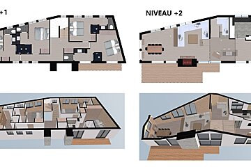 Architectural floor plans and 3D renderings of a two-level modern house, detailing bedrooms, living areas, and a kitchen.