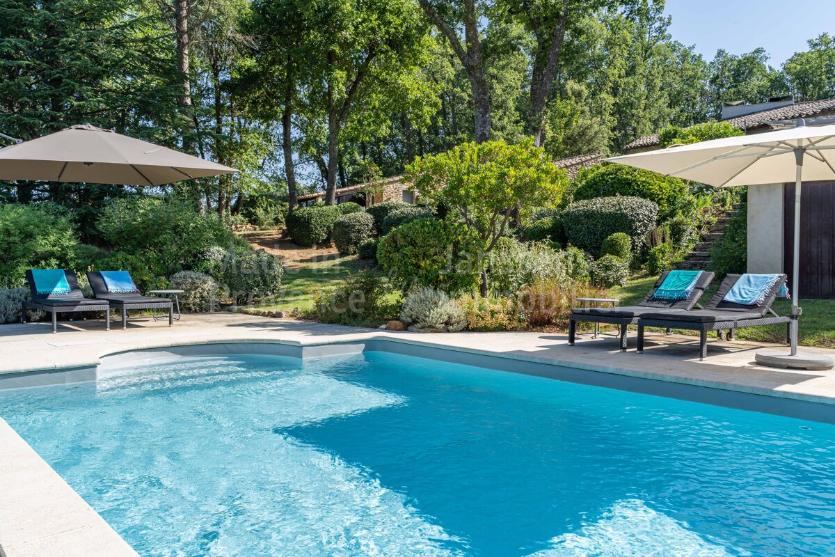 A swimming pool surrounded by chairs and umbrellas with the word france on the bottom