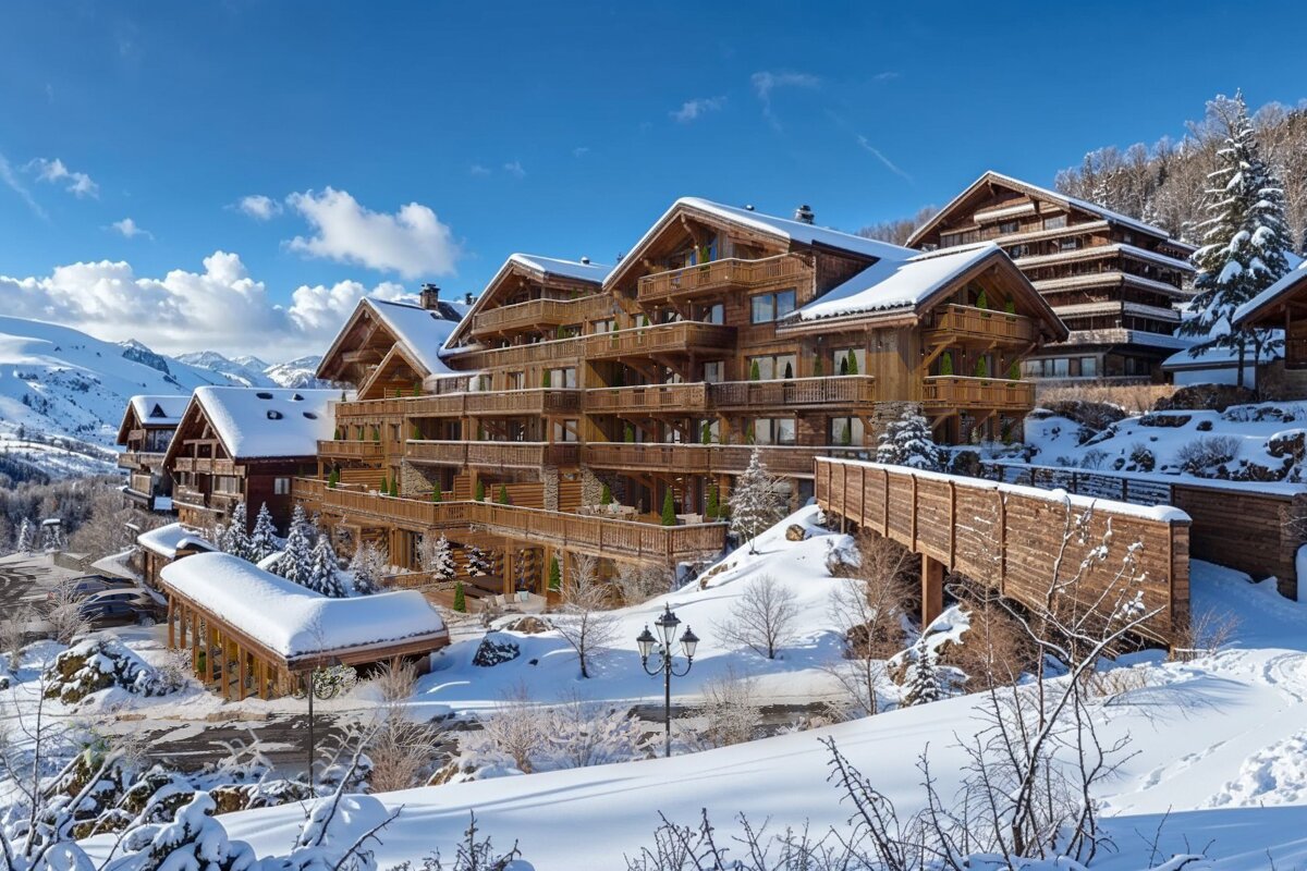 Stunning, multi-story wooden chalets are covered in snow, nestled in a winter mountain landscape under a bright blue sky. A luxurious resort scene.