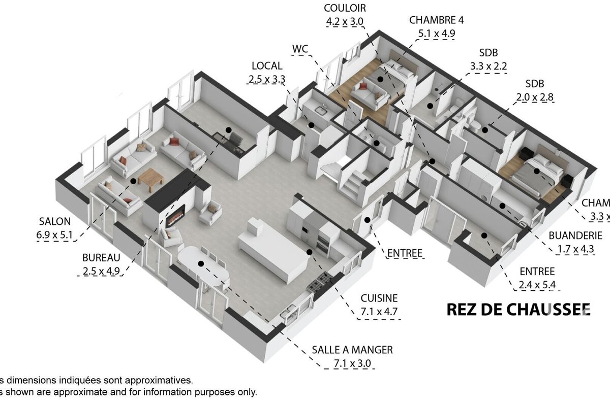 A 3D isometric floor plan of a furnished ground floor residence (REZ DE CHAUSSEE) showing rooms like living, kitchen, bedrooms, and dimensions.