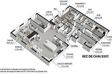 A 3D isometric floor plan of a furnished ground floor residence (REZ DE CHAUSSEE) showing rooms like living, kitchen, bedrooms, and dimensions.