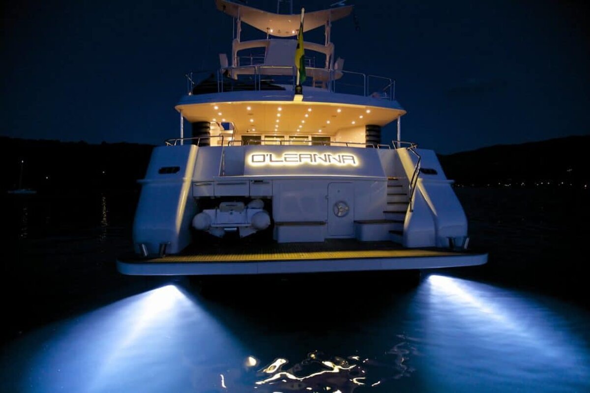 A boat with the name oleanna on the back of it