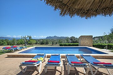 A row of blue lounge chairs sit next to a swimming pool
