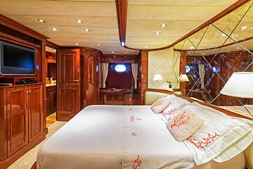 A bedroom with a large bed and a flat screen tv