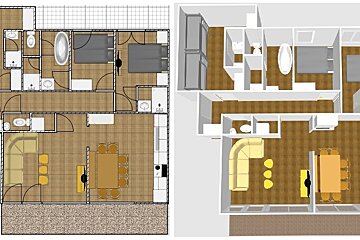 Side-by-side view of a 2D architectural floor plan and its corresponding 3D top-down digital rendering of a house layout.