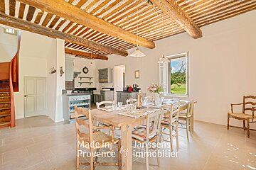 A dining room with a table and chairs made in provence by janssens immobilier