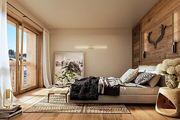 A cozy, modern-rustic bedroom features a large window with a snowy mountain view, wooden walls, a plush bed, and elegant decor.