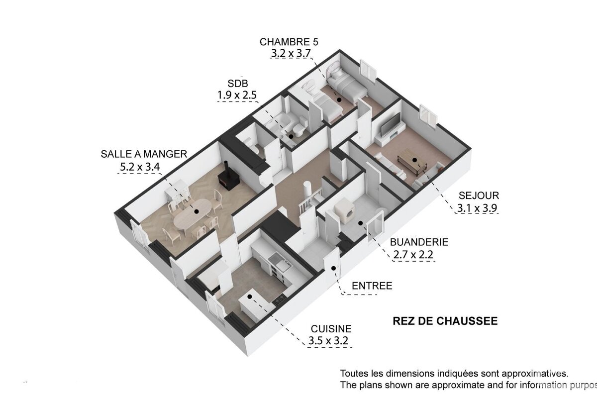 A 3D isometric floor plan of a ground floor apartment (rez de chaussee) showing kitchen, living, dining, bedroom, bathroom, laundry rooms with dimensions.