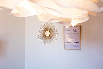 A poster on a wall that says voyage cafe and intuition