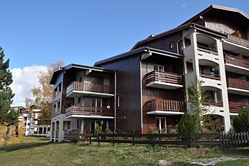 Chalet-style apartment buildings with wooden balconies on a grassy slope under a blue sky.