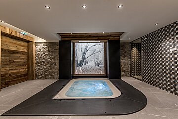 A jacuzzi in a room with a picture of trees on the wall