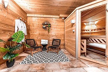 A wooden sauna with two chairs and a plant