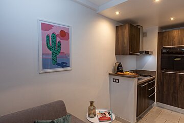A kitchen with a picture of a cactus on the wall