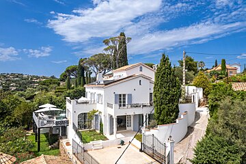 A large white house sits on top of a hill surrounded by trees