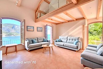A bright living room with pale pink walls, light grey sofas, and wooden beams. Large windows offer views of a serene lake/sea with mountains and lush greenery.