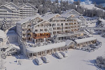 3D architectural model of a snow-covered alpine resort, featuring one warm, wooden balcony standing out in detail.