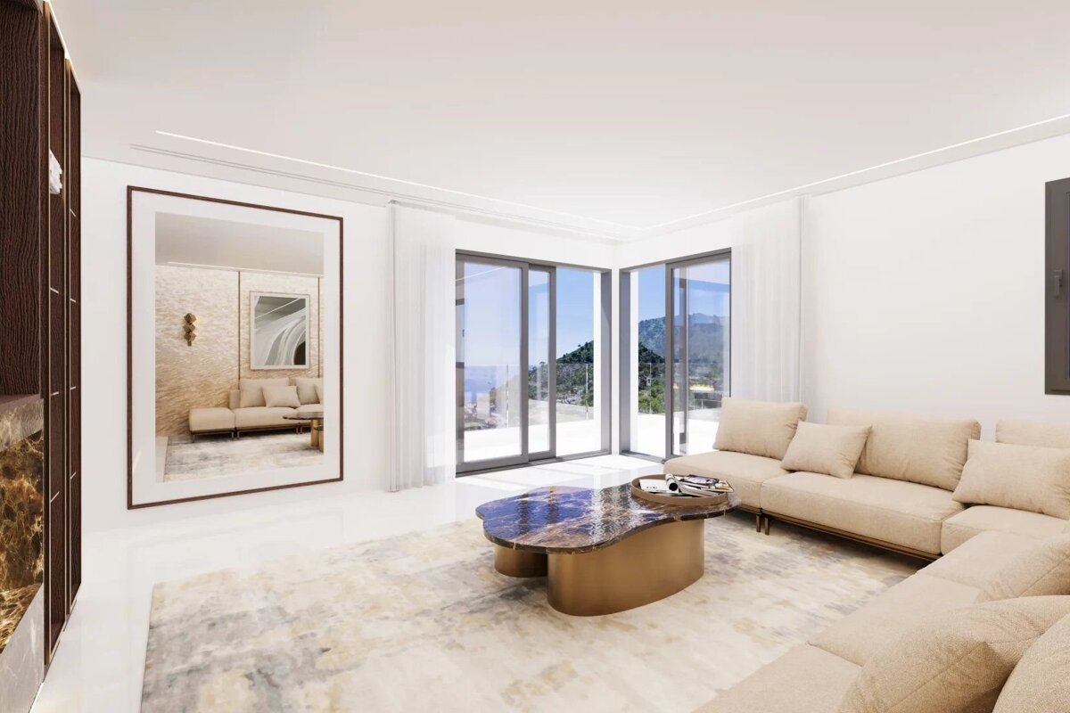 Modern, luxurious living room with a beige sectional sofa, unique marble coffee table, and large glass doors showing a scenic landscape.