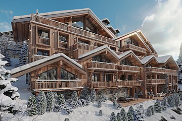 A large, luxurious wooden alpine chalet covered in snow in a winter mountain setting.