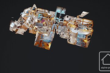 A 3D overhead view of a detailed interior floor plan, showing several bedrooms (Chambre 4-8), bathrooms (SDB, SDD), and WCs.