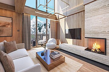 A modern, luxurious living room featuring a warm fireplace, wood walls, and large windows revealing a stunning snowy mountain view. Cozy and chic.