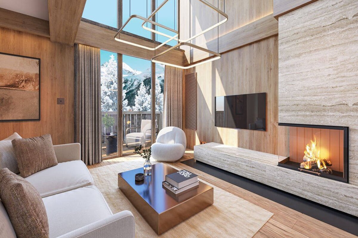Modern chalet living room with a fireplace and large windows showcasing snowy mountain views. Cozy, wooden interior with stylish decor.