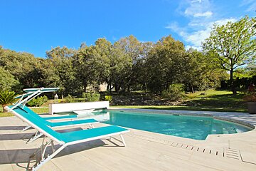 A swimming pool surrounded by chairs and trees on a sunny day
