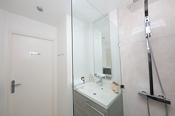 A bathroom with a sink a mirror and a shower
