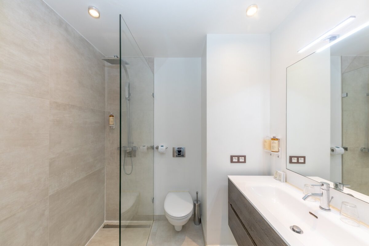 A bathroom with a toilet a sink and a walk in shower