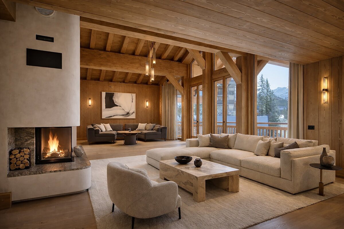 A luxurious wooden chalet living room features a modern fireplace, plush seating, exposed beams, and large windows overlooking a snowy mountain view.