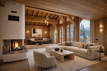 A luxurious wooden chalet living room features a modern fireplace, plush seating, exposed beams, and large windows overlooking a snowy mountain view.