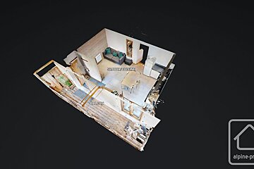 A 3D floor plan showing a living area labeled "SEJOUR/CUISINE" and a balcony labeled "BALCON", rendered on a dark background.