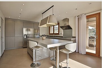 A kitchen with a large island and stools