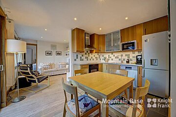 A kitchen with a table and chairs and the words mountain base on the bottom