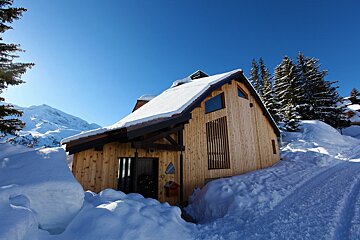 A modern wooden chalet covered in snow, surrounded by pine trees and snowy mountains, under a clear blue winter sky.
