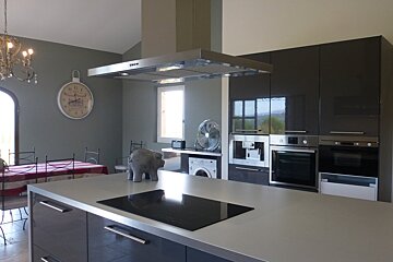 A kitchen with a clock on the wall and a statue of an elephant on the counter