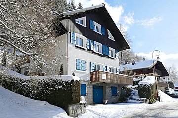 A white and dark wooden house with bright blue shutters stands in a snowy winter scene under a clear sky.